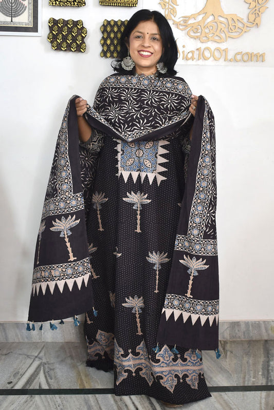 Block Print Ajrakh Cotton Suit with designer Ajrakh neck yoke /panel & Dupatta