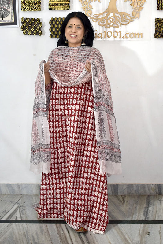Classic Bagh Block Printed unstitched suit fabric with chiffon dupatta