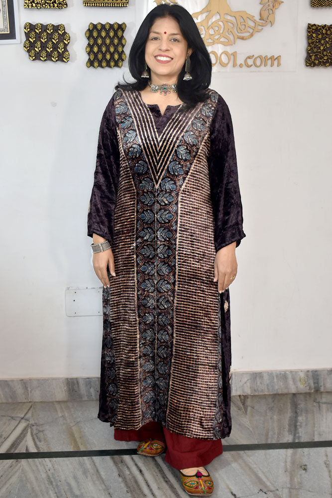 Beautiful Ajrakh Velvet Hand Block Print kurta , Size 38 to 46