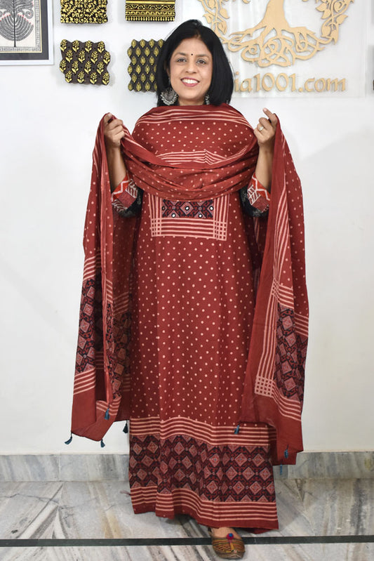 Designer Ajrakh Cotton kurta with  panel design & Mirror work & Cotton dupatta - 3 piece set