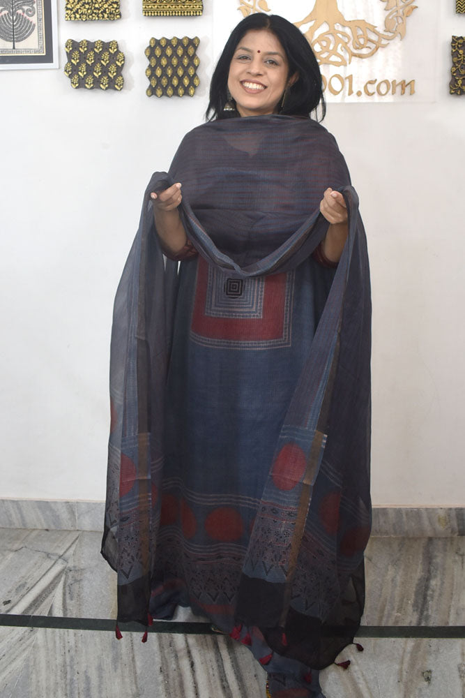 Designer Ajrakh Kota Silk Unstitched suit with Kota Silk Dupatta  - 2 piece set