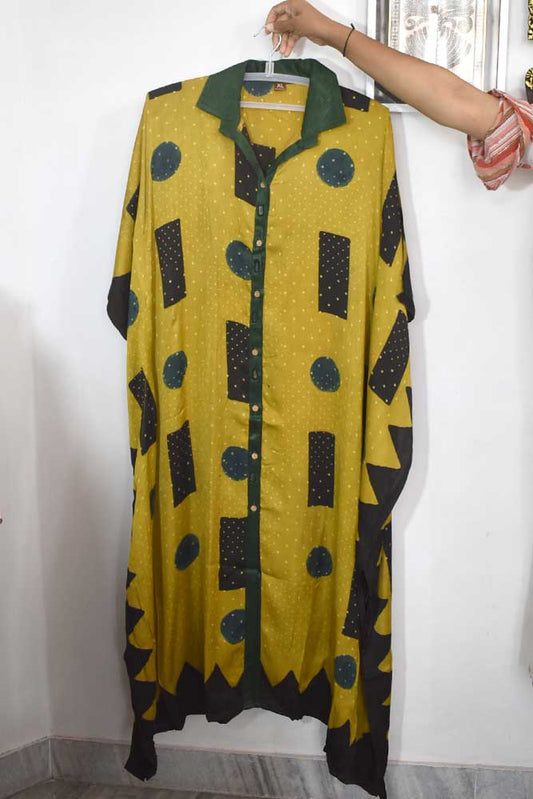 Beautiful Hand Block Printed Ajrakh Modal Silk Kaftan, Size 38 to 50