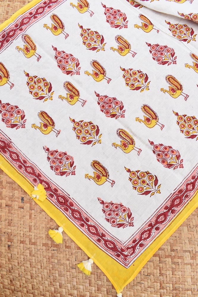 Elegant Hand block printed Cotton stole with cloth tassels