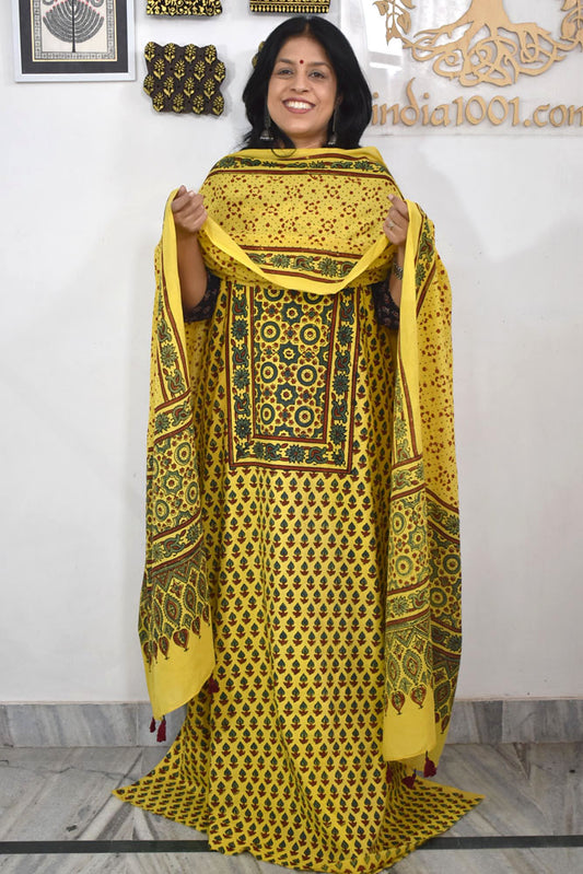 Block Print Ajrakh Cotton Suit with designer Ajrakh neck yoke /panel & Dupatta
