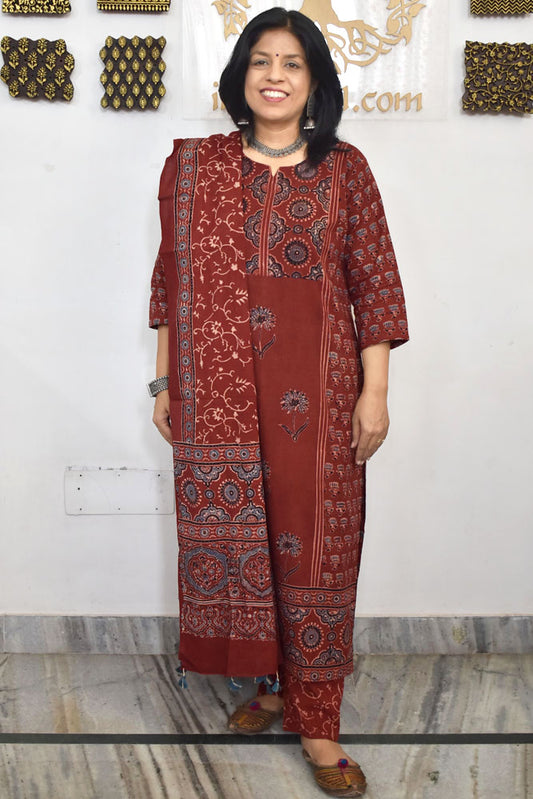 Designer Hand Block print Ajrakh Cotton suit with Full width Cotton Dupatta  - Size 38 to 46