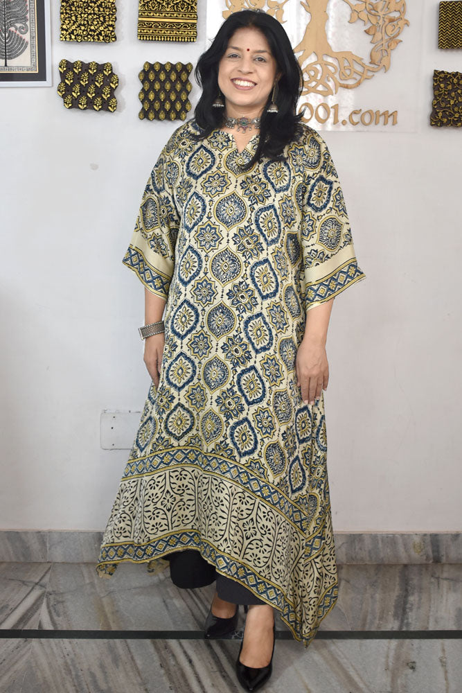 Beautiful Hand Block Printed Ajrakh Modal Silk Kurta, Size 40 to 46