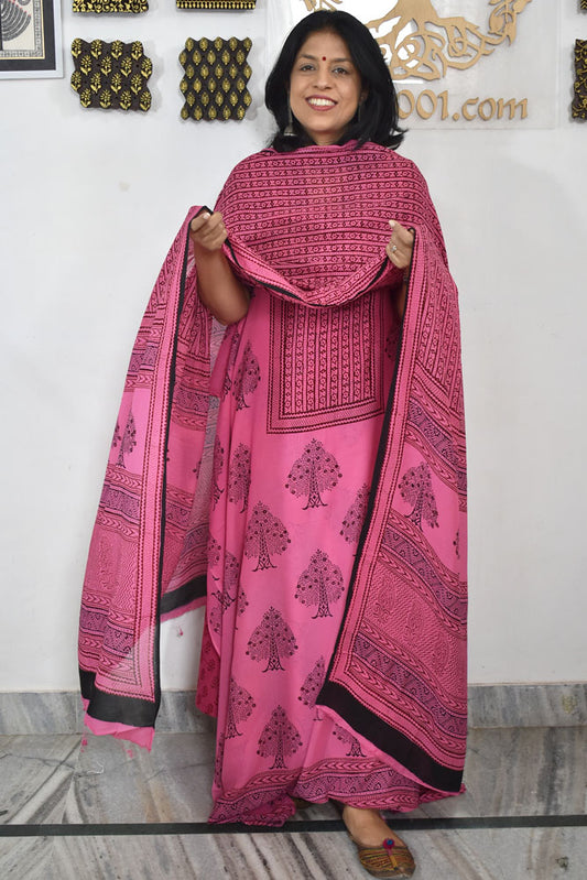 Bagh Hand Block Print Georgette Dupatta & Georgette Kurta Fabric With Cotton Bottom