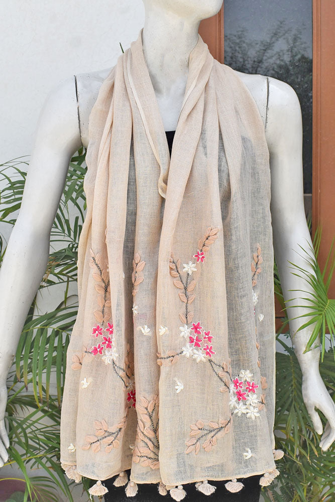 Beautiful Linen Stole with hand embroidery, embellishments & tassels