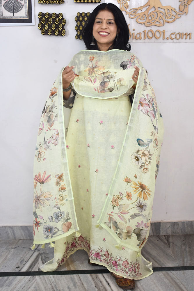 Dhairya : Beautiful Pure Linen suit with Digital print , intricate embroidery and cotton silk bottom