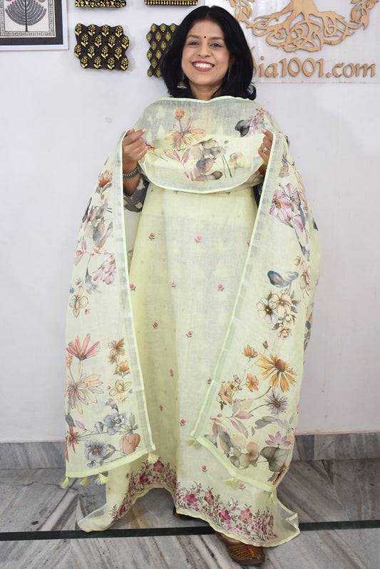 Dhairya : Beautiful Pure Linen suit with Digital print , intricate embroidery and cotton silk bottom