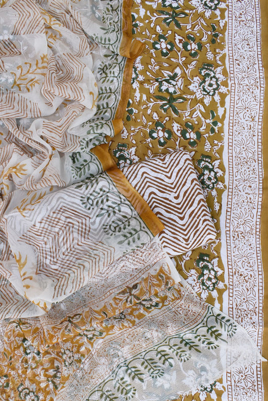 Hand Block Printed Cotton unstitched suit fabric with Chiffon dupatta