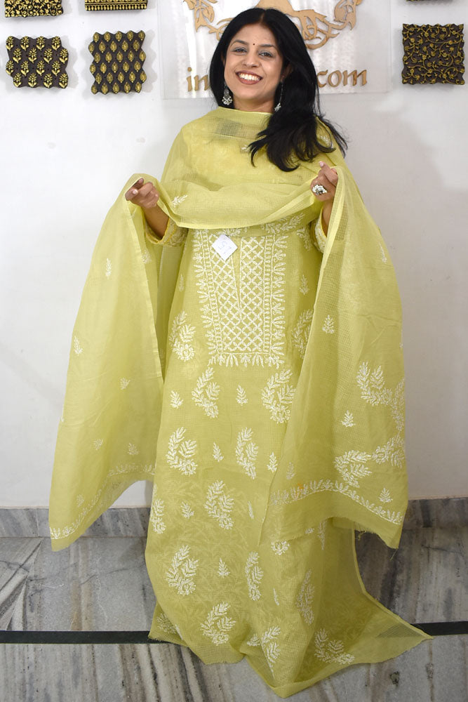 Elegant Kota Doria Kurta & Dupatta Set with Lucknowi Hand Tepchi Work embroidery NO - 15