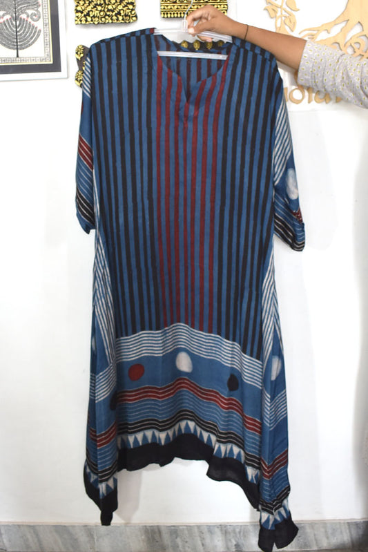 Beautiful Hand Block Printed Ajrakh Modal Silk Kaftan Kurta, Size 40 to 44