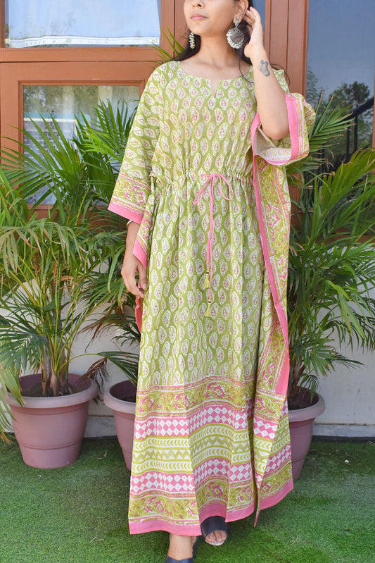 Beautiful Hand Block Printed Cotton Kaftan with Tassels