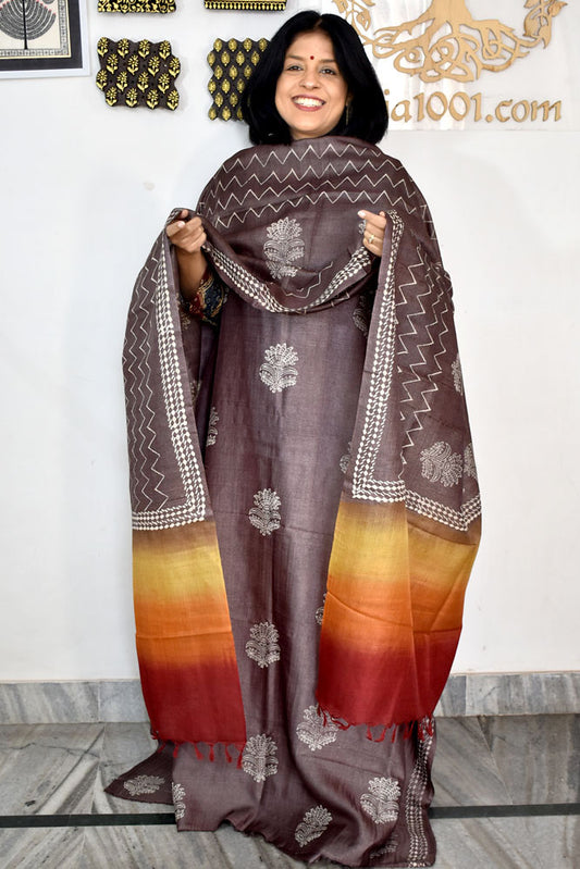 Beautiful Hand Block printed Tussar Silk Kurta Dupatta Set