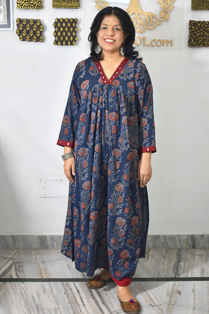 Designer Hand Block Printed Ajrakh cotton Kurta with Alia Cut and Kutch Mirror work - Size 40 to 44 ( all sizes)