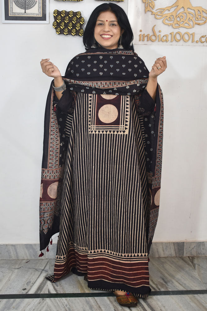 Block Print Ajrakh Cotton Suit with designer Ajrakh neck yoke /panel & Long Stole