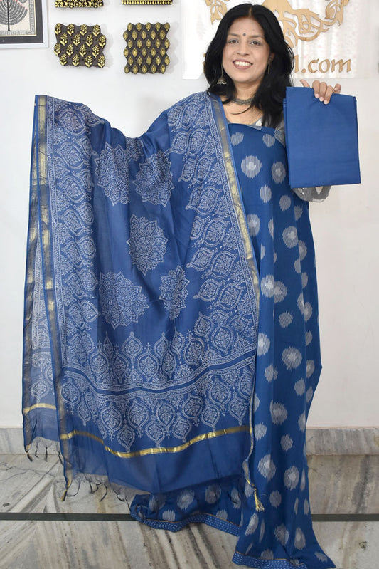 Handwoven Pochampally Cotton kurta with Chanderi Dupatta & Cotton Bottom - 3 pc set