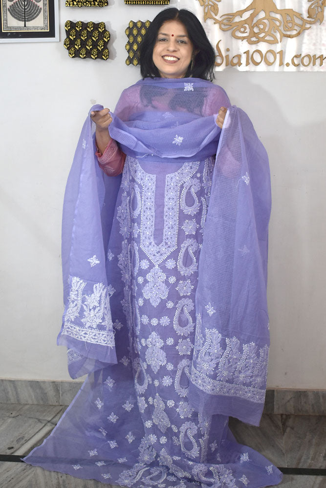 Elegant Kota Doria Kurta & Dupatta Set with Lucknowi Hand Chikankari embroidery