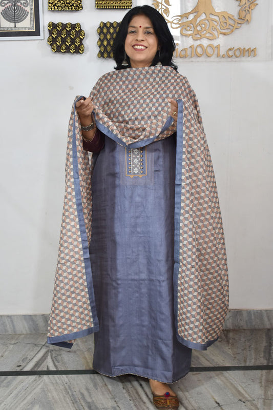 Semi Stitched Block Printed Tussar Silk Dupatta  & Tussar Kurta Fabric