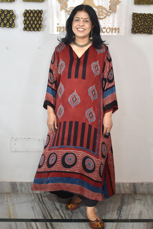 Beautiful Hand Block Printed Ajrakh Modal Silk Kurta, Size 40 to 46