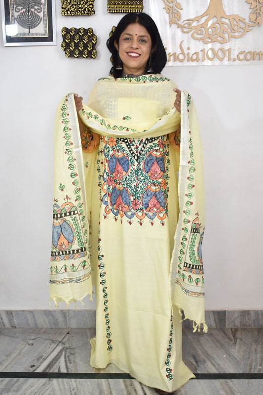 Slub Cotton suit with Hand Painted Madhubani Art patterns