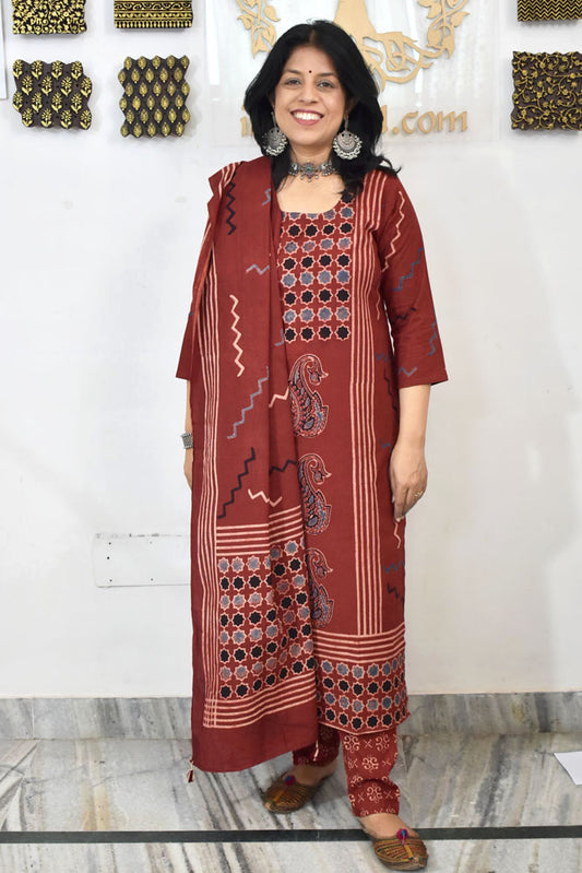 Designer Hand Block print Ajrakh Cotton suit with Full width Cotton Dupatta  - Size 38 to 46