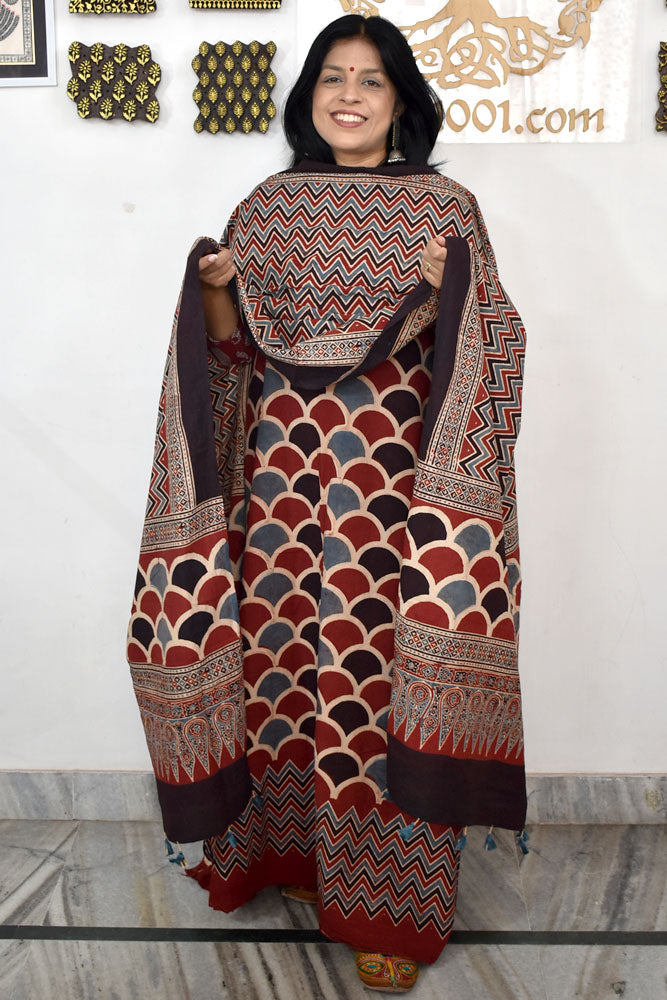 Designer Ajrakh Cotton Unstitched suit with  panel design, Ajrakh Dupatta - 2 piece set