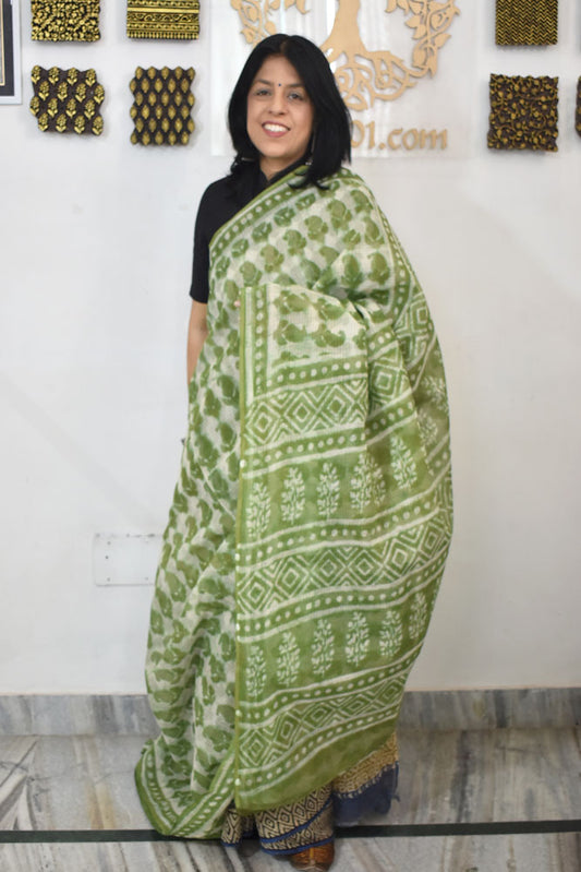 Beautiful Hand Block Printed Kota cotton Saree with zari border