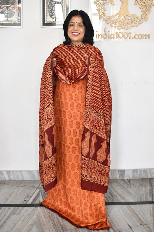 Bagh Hand Block Printed unstitched 3 pc Modal silk suit fabric from MP