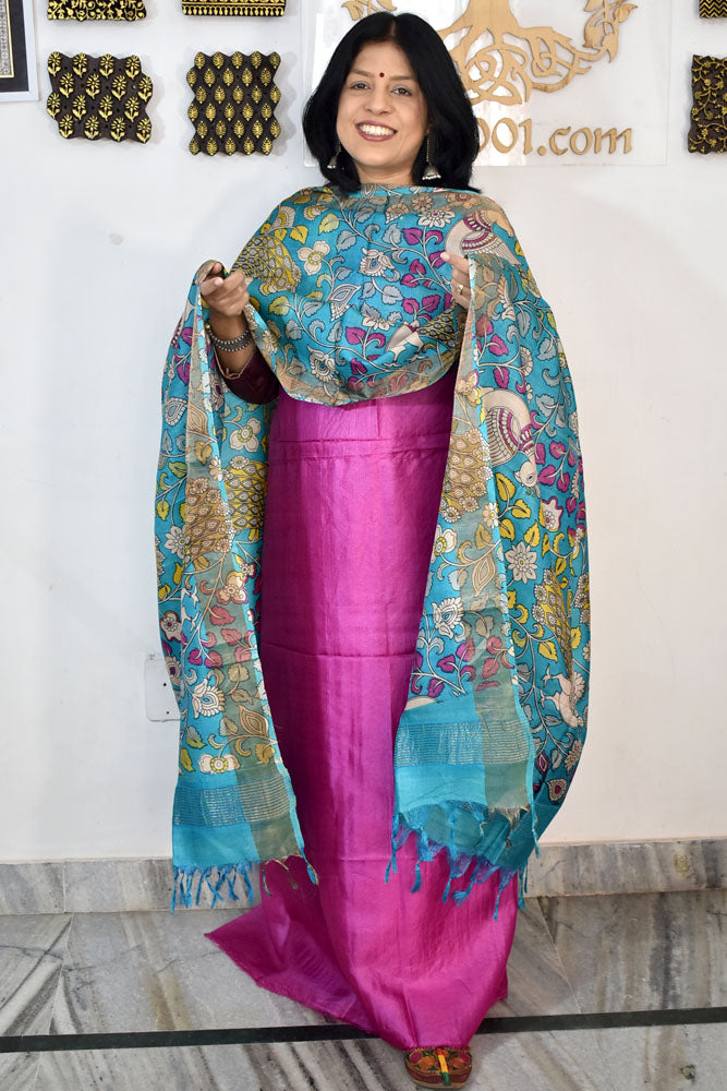 Beautiful Hand Block printed Tussar Silk Kurta Dupatta Set