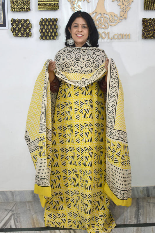 Elegant Bagru Block Printed unstitched suit fabric with Cotton dupatta