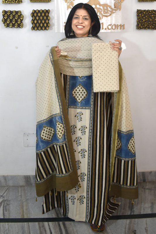 Designer Ajrakh Cotton Unstitched suit with  panel design, Ajrakh Dupatta & Bottom- 3 piece set