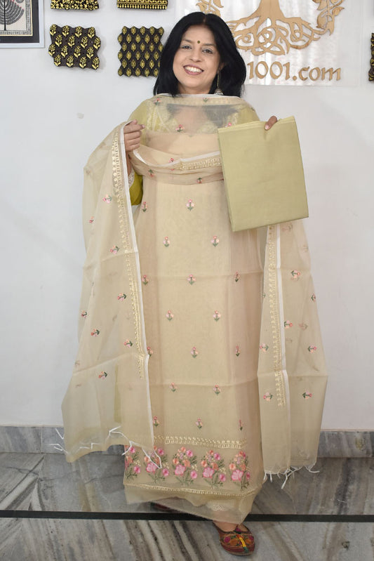 Gorgeous Mul Chanderi Kurta fabric & Dupatta set with embroidery & Bottom