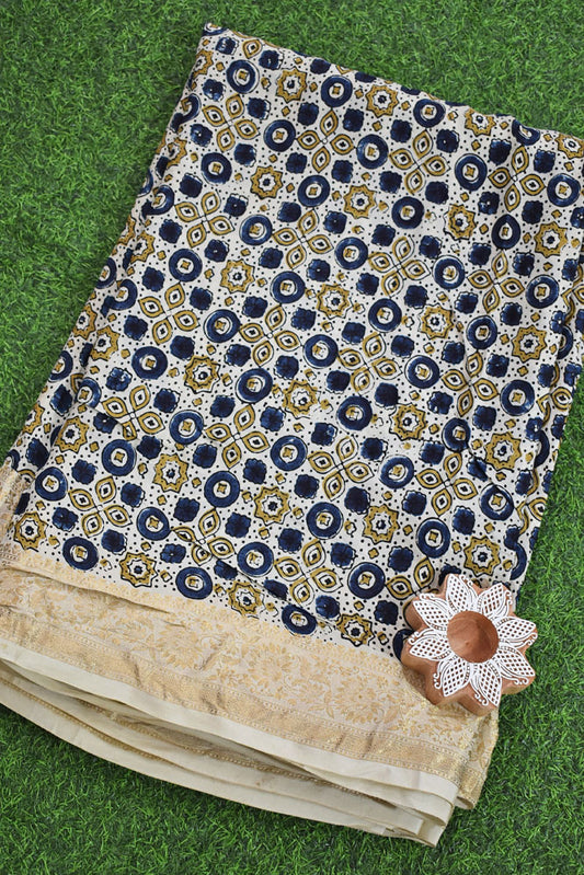 Beautiful Ajrakh Dola Silk Hand Block Print Fabric - 3 mtrs cut