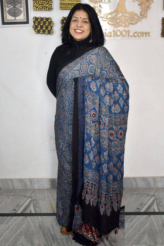 Elegant Hand Block Printed Ajrakh Modal Silk Saree with Mirror Work & tassels