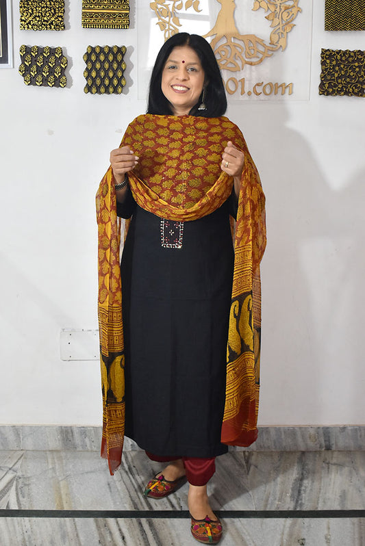 Elegant Handwoven Cotton Unstitched Suit with Ajrakh patch ,Intricate Hand Embroidery & block print chiffon dupatta
