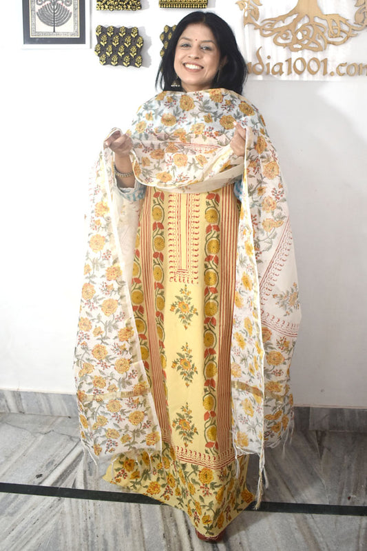 Designer Hand Block Print Cotton suit with Chanderi dupatta