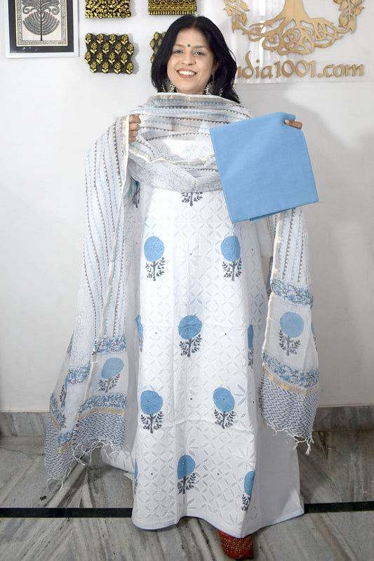Beautiful Hand Block Printed Cotton Unstitched Suit Fabric with Applique & Kota  dupatta With Cotton bottom