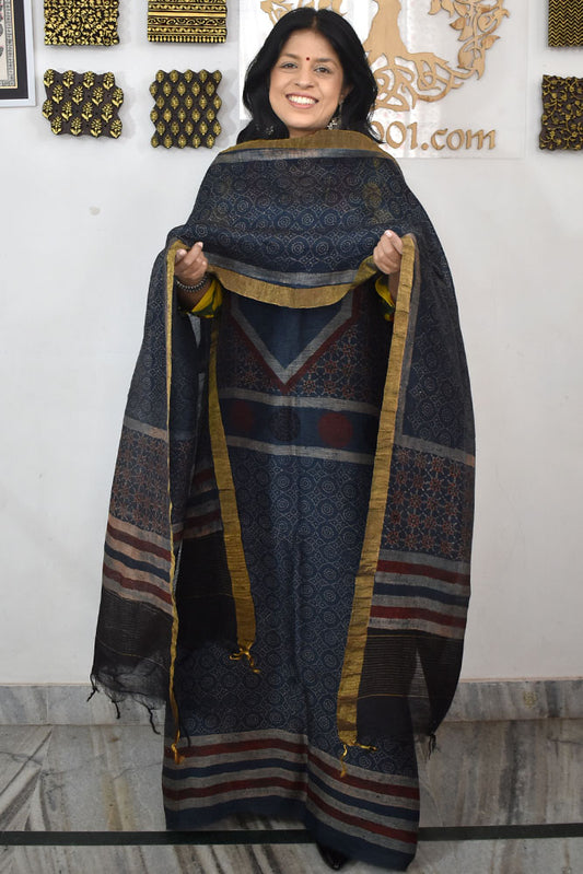 Beautiful Pure Linen Ajrakh  Hand Block Print Suit