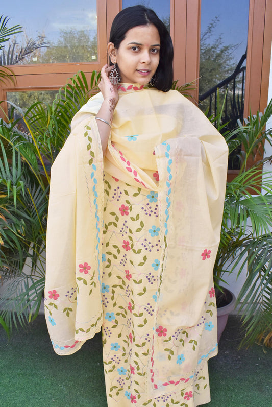 Elegant Cotton Unstitched Suit with Hand done Phool patti work
