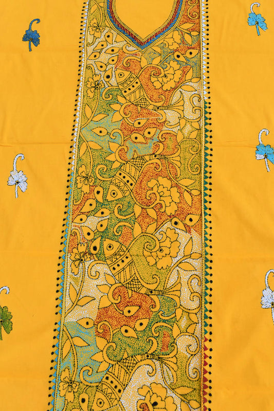 Hand Embroidered Nakshi Kantha work cotton fabric - (Length 2.8 mtrs, )