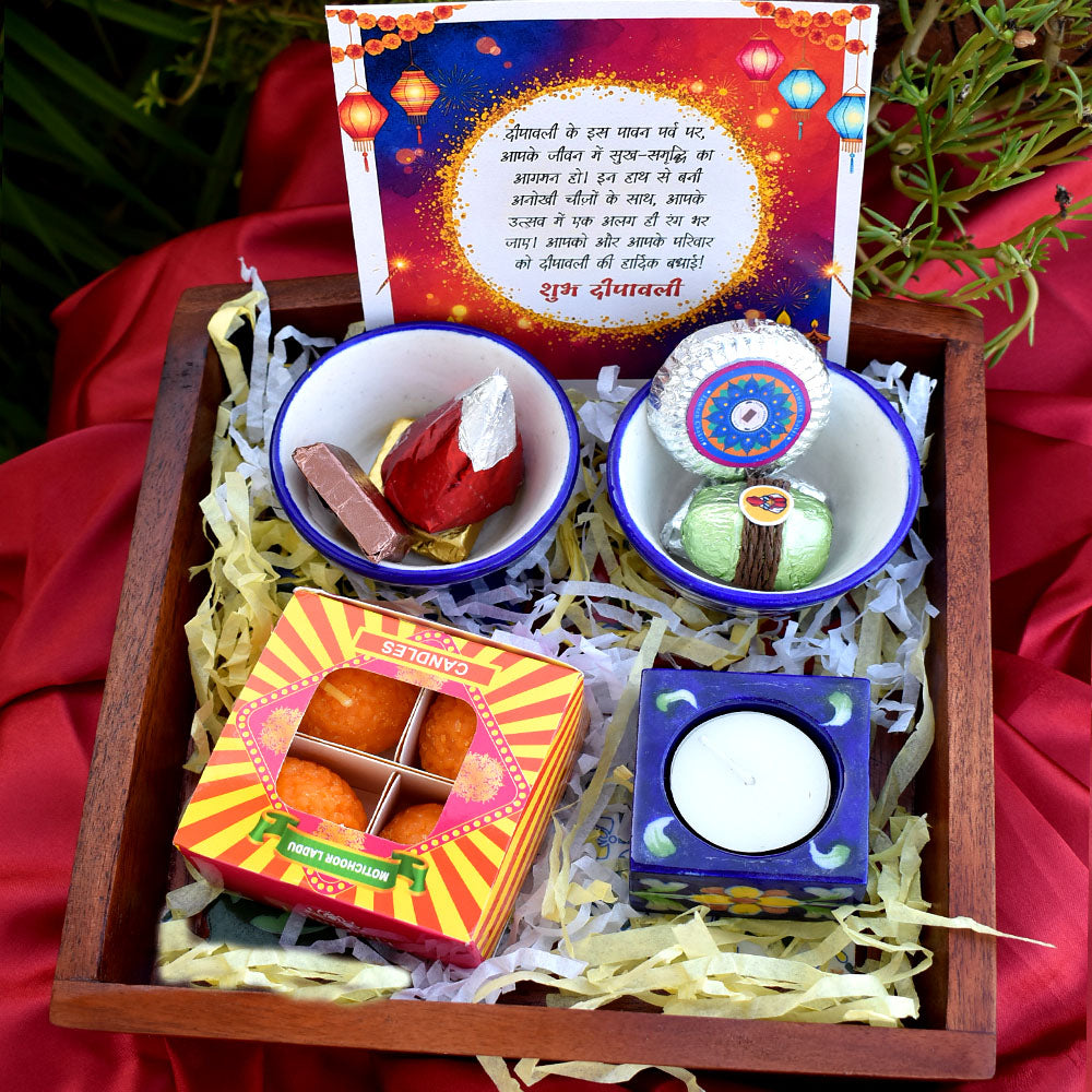 Blue Pottery Hamper - Hand painted Blue Pottery diyas & Laddoo Shaped Candles