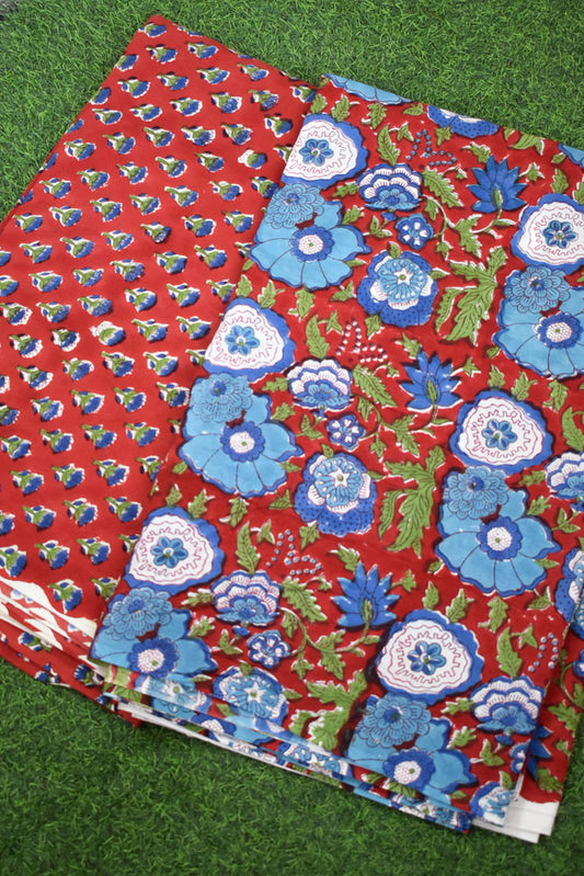 Hand Block Printed Cotton Running Fabric combo ( 2 fabrics *2.5 mtrs each)