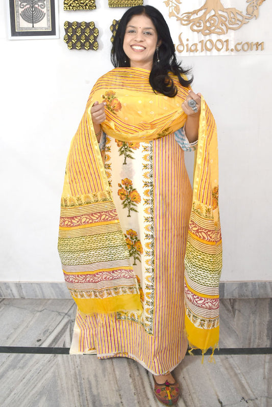 Designer Hand Block Print Cotton suit with Chanderi dupatta