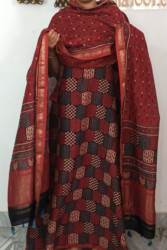 Beautiful Hand Block Printed Ajrakh Maheshwari Silk Cotton Unstitched suit fabric - 2 pc set