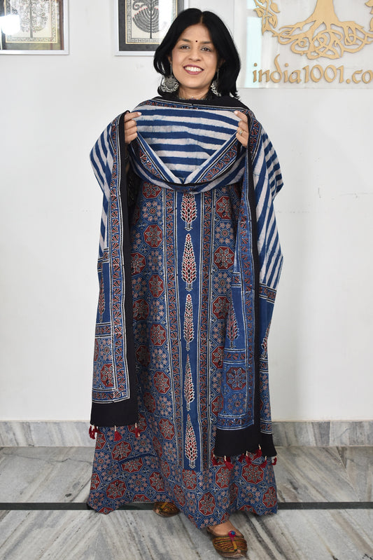Block Print Ajrakh Cotton Suit with designer Ajrakh neck yoke /panel & Long Stole