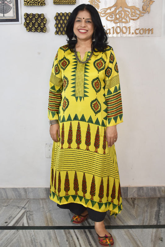 Beautiful Hand Block Printed Ajrakh Modal Silk Kurta, Size 38 to 52