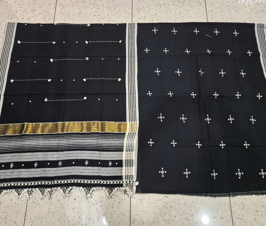 Premium Handwoven Kala Cotton Bhujodi suits with Mirror and Miri work - 3 pc set