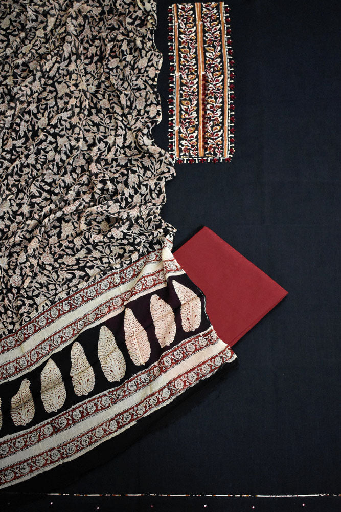 Beautiful  Cotton Unstitched Suit with Neck patch, Intricate Hand Embroidery & Block print  dupatta